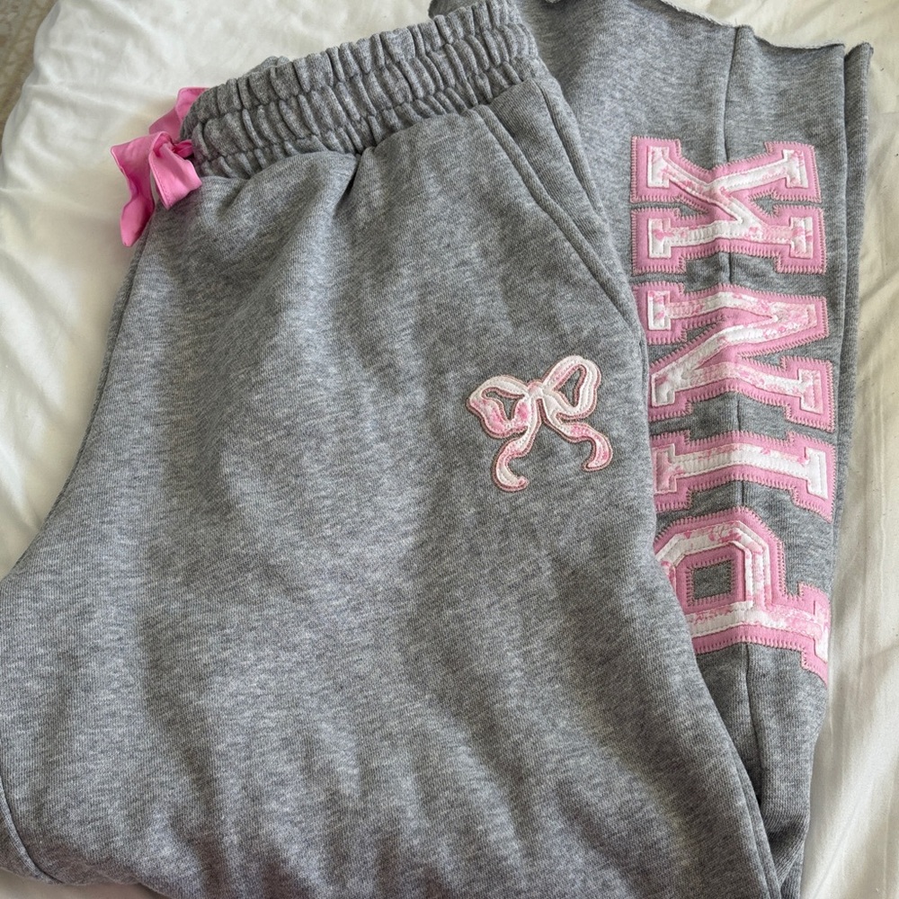 LoveShackFancy Gray Joggers with Pink Accents